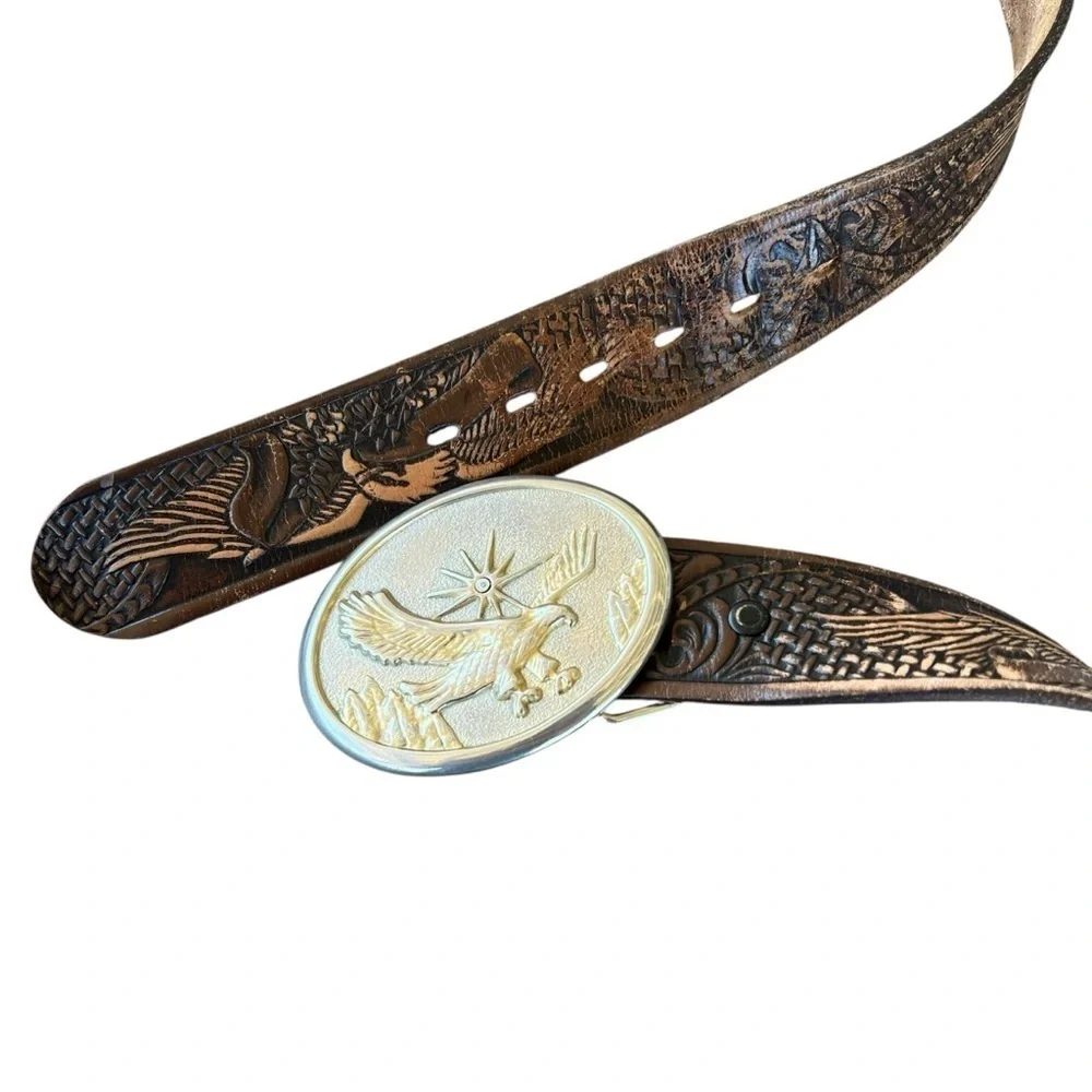 VTG Tooled Leather Western Eagle Belt Oval Silver Tone Buckle Mexico Size 44